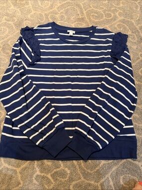 Women’s Navy & White Striped Long-Sleeve Top with Eyelet Ruffle